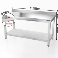 Edelstahl Arbeitstisch PREMIUM - 1500x800mm - Mit Grundboden & Aufkantung