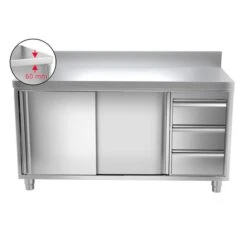 Edelstahl Arbeitsschrank PREMIUM - 1800x600mm - Mit 3 Schubladen Rechts & Aufkantung -Ausgewählte Küchengeschäfte ask187a r icon dd68