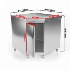 Edelstahl Eckarbeitsschrank PREMIUM Mit Flügeltür Ohne Aufkantung 1150x800mm