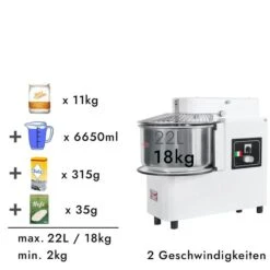 Teigknetmaschine - 22 Liter / 18 Kg - 2 Geschwindigkeiten -Kessel Abnehmbar Und Rührwerk Aufklappbar