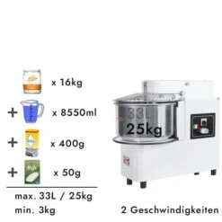 Teigknetmaschine - 33 Liter / 25 Kg - 2 Geschwindigkeiten - Kessel Abnehmbar Und Rührwerk Aufklappbar